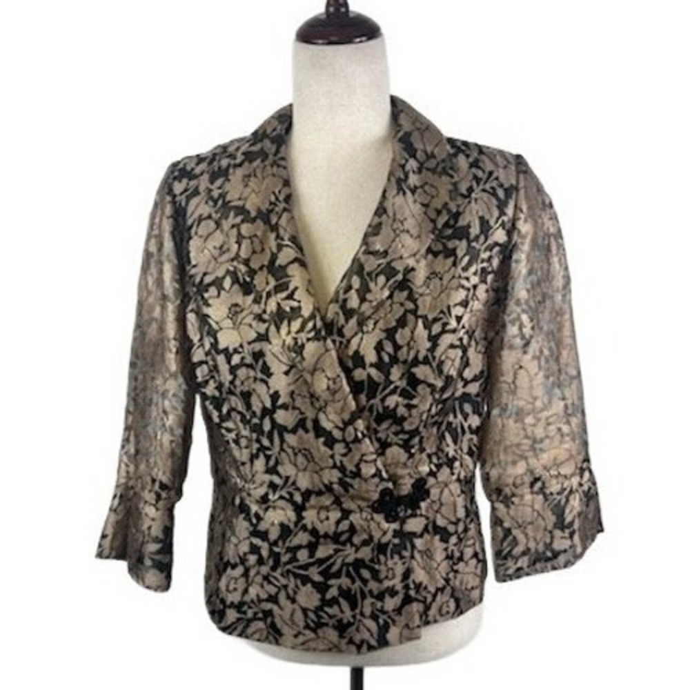 Elegant Alex Evenings Gold Foil Floral‎ Lace Party Jacket Blazer Size Small